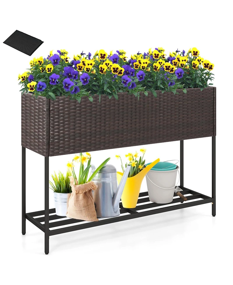Wicker Raised Garden Bed with Storage Shelf and Drainage Gaps for Flowers