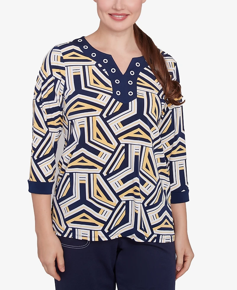 Alfred Dunner Women's Block Island Geometric Grommet Trim Top