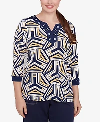 Alfred Dunner Women's Block Island Geometric Grommet Trim Top