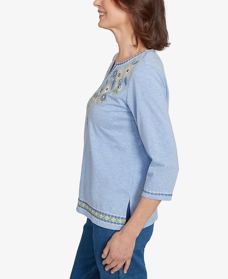 Alfred Dunner Women's Flower Power Embroidered Daisy Split Neckline Top