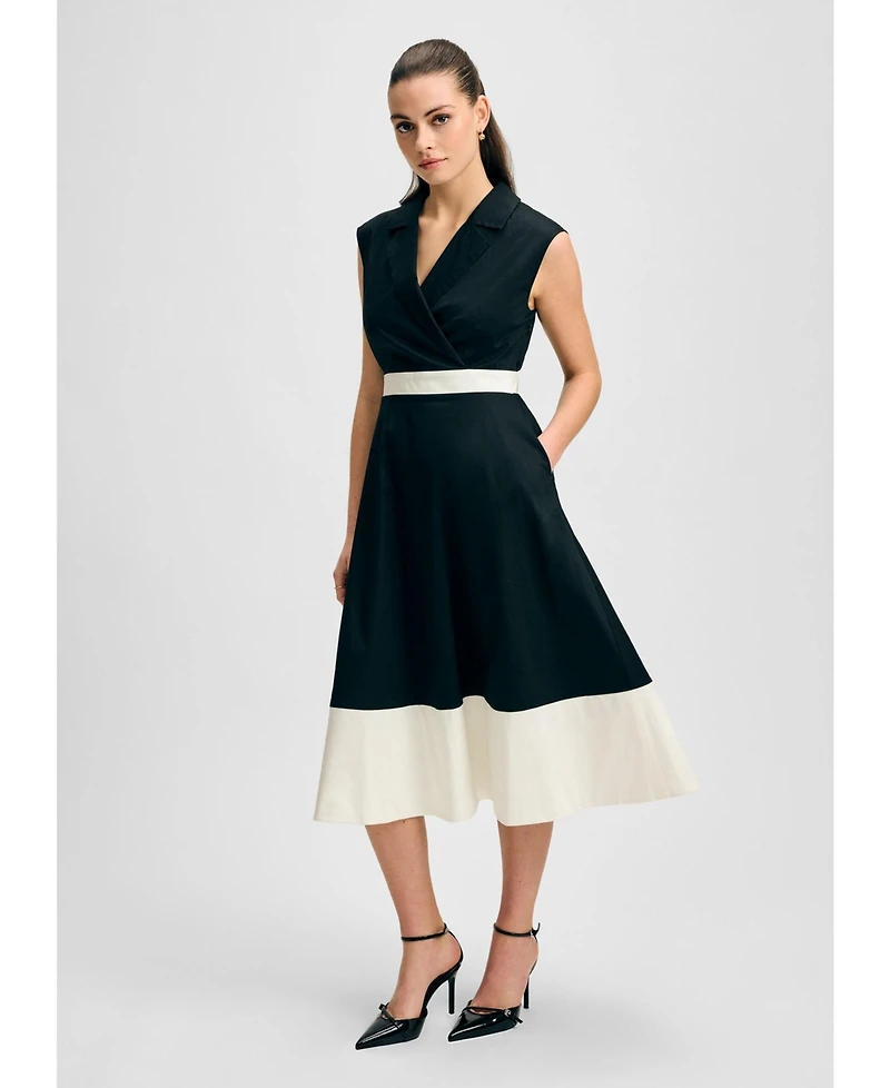 Isaac Mizrahi Women's Notched Collar Full Skirt Midi Cotton Dress