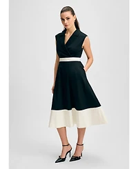Isaac Mizrahi Women's Notched Collar Full Skirt Midi Cotton Dress