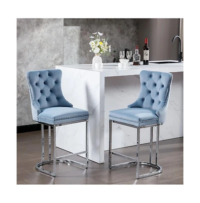 Set of 2 Velvet Counter Height Stools, 25.2" Kitchen Island Chairs with Button Tufted Back, Rivet Trim and Chrome Metal Base -The Pop Home