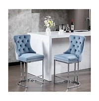 Set of 2 Velvet Counter Height Stools, 25.2" Kitchen Island Chairs with Button Tufted Back, Rivet Trim and Chrome Metal Base -The Pop Home