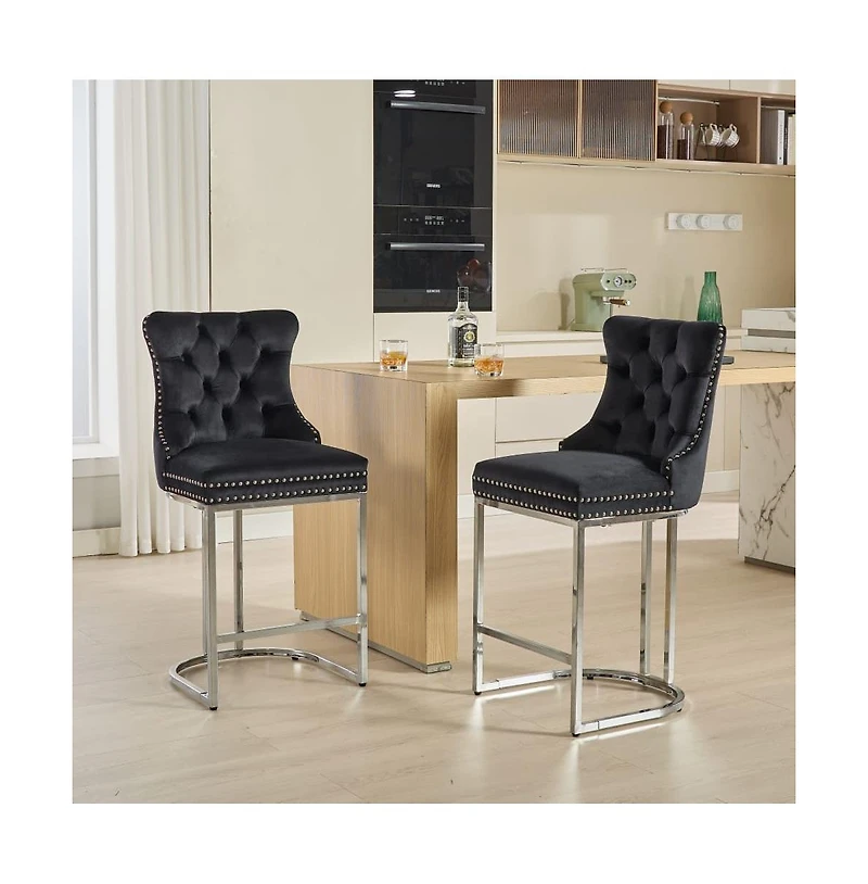Set of 2 Velvet Counter Height Stools, 25.2" Kitchen Island Chairs with Button Tufted Back, Rivet Trim and Chrome Metal Base -The Pop Home