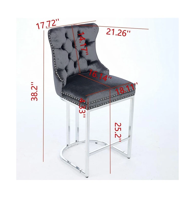 Set of 2 Velvet Counter Height Stools, 25.2" Kitchen Island Chairs with Button Tufted Back, Rivet Trim and Chrome Metal Base -The Pop Home