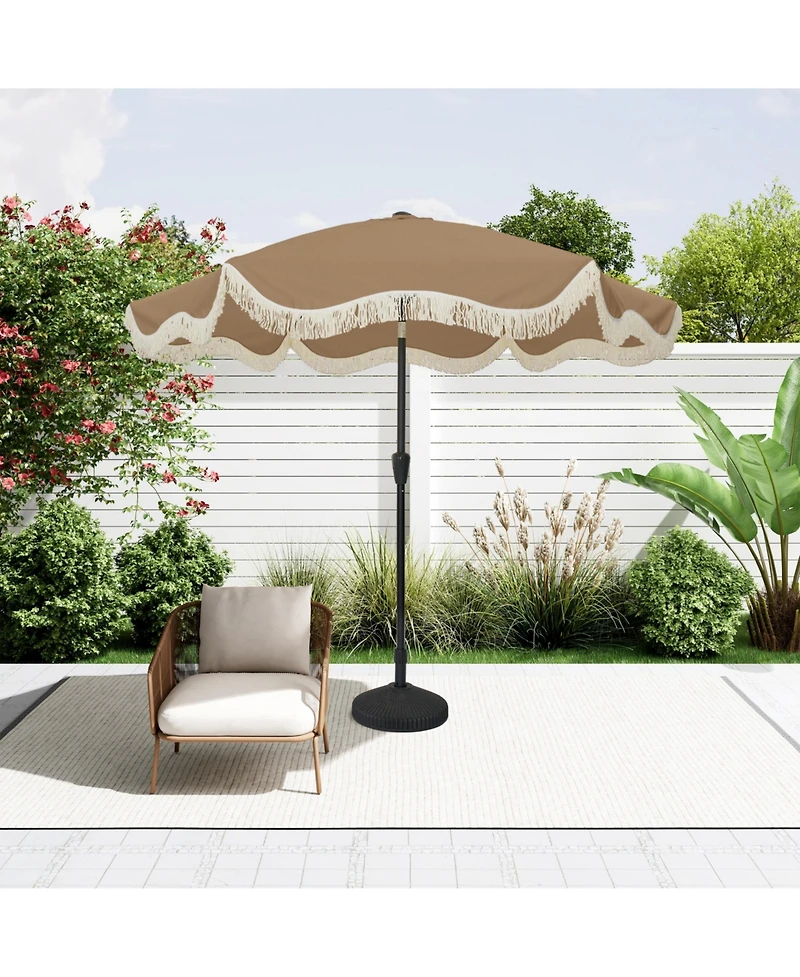 Mondawe 9 Ft Fashionable Boho Vintage Tassels Print Patio Umbrella with Push Button Tilt Pole