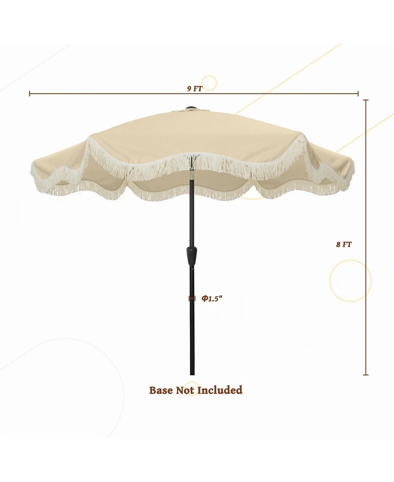 Mondawe 9 Ft Fashionable Boho Vintage Tassels Print Patio Umbrella with Push Button Tilt Pole