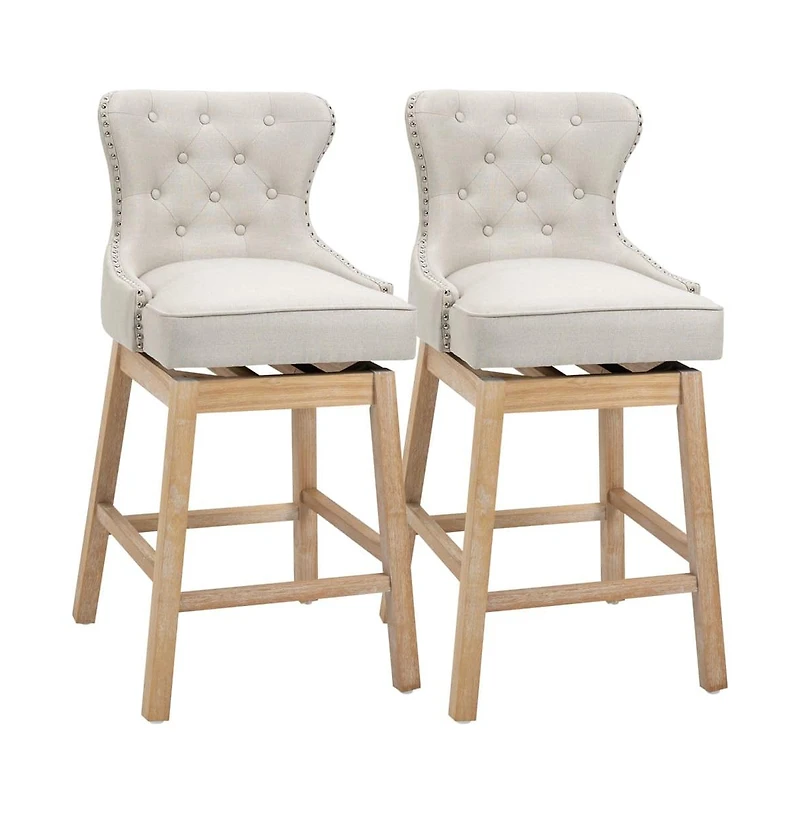 Set of 2, 30 Inch Swivel Bar Stools with Nailhead Trim & Rubberwood Legs-The Pop Home