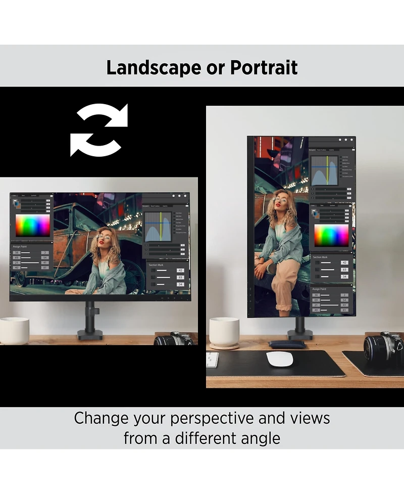 ProMounts Landscape to Portrait Single Monitor Arm for 13” to 32” Screens Holds up to 17.6 lbs