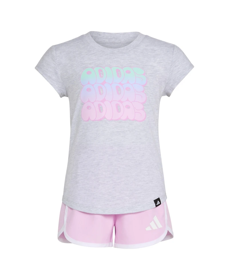 adidas Toddler and Little Girls 2-Piece Cap Sleeve Heather T-Shirt Woven Short Set