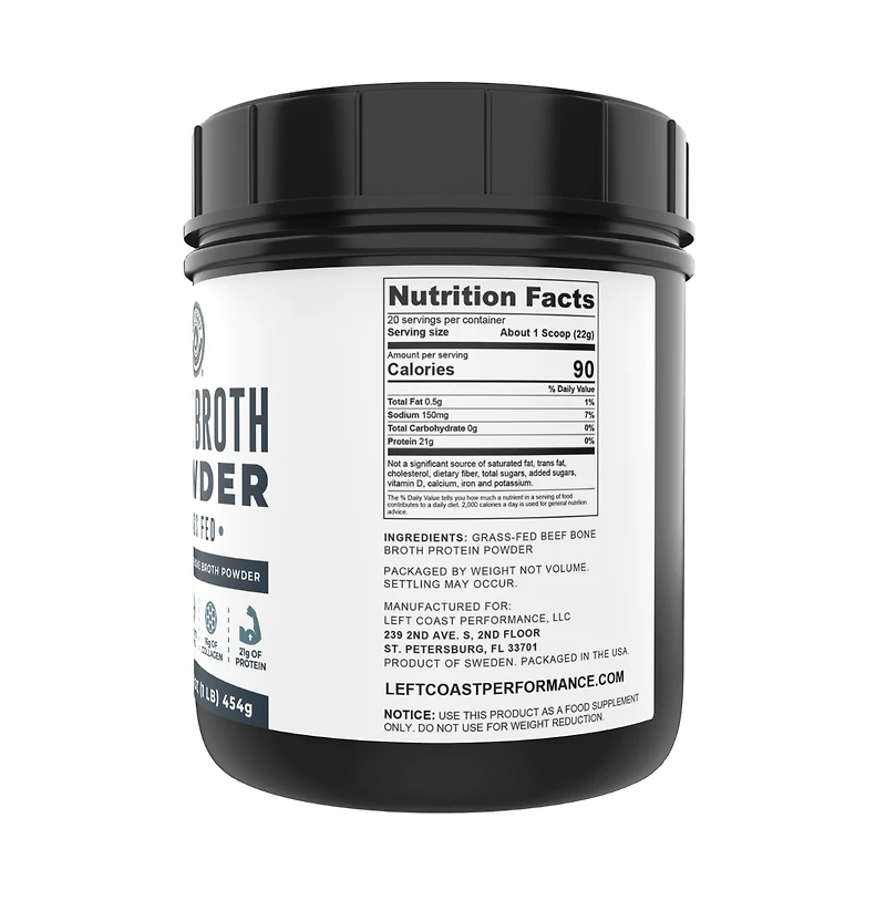 Bone Broth Protein, Grass Fed Protein Powder, Keto Protein Powder for Joint Support and Gut Health, Left Coast Performance, Unflavored, 16 oz