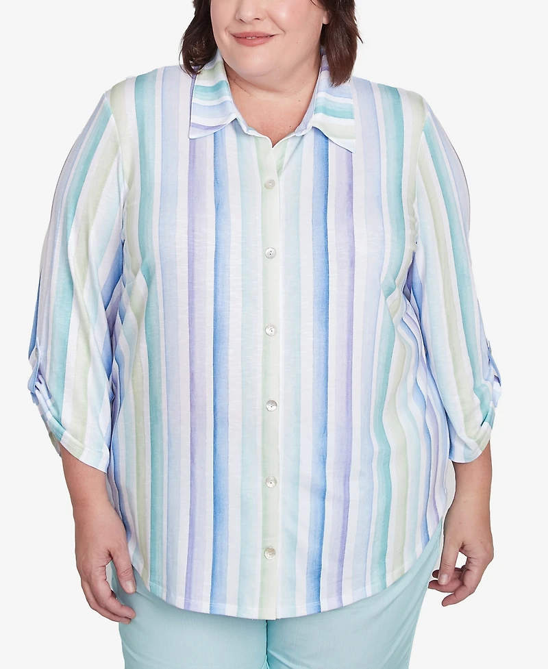 Alfred Dunner Plus St. Thomas Island Mint Stripe Knit Button Front Top
