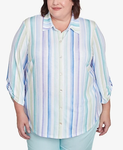 Alfred Dunner Plus St. Thomas Island Mint Stripe Knit Button Front Top