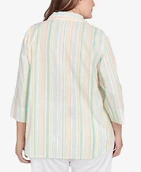 Alfred Dunner Plus Size Rise and Shine Sunny Stripes Button Down Top