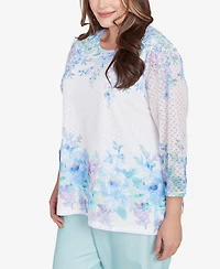 Alfred Dunner Plus St. Thomas Textured Sky Blue Floral Border Top