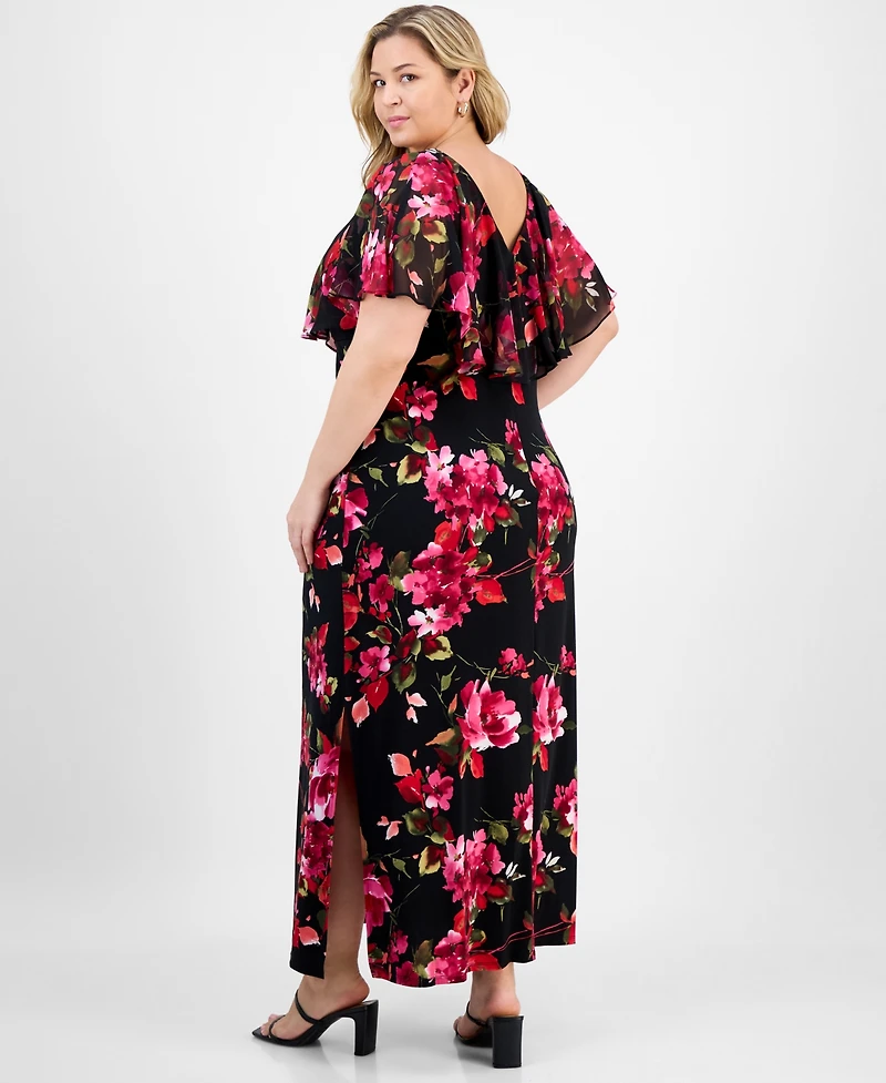 Connected Plus Floral Cape-Overlay Maxi Dress