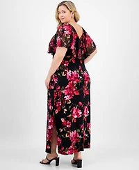 Connected Plus Floral Cape-Overlay Maxi Dress