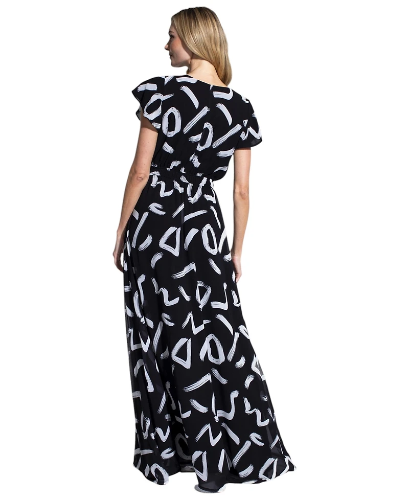 HotSquash London Women's Abstract Print Chiffon Faux Wrap Maxi Dress