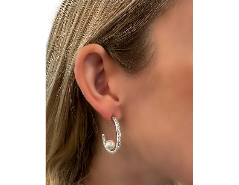 White Rhodium Clad Cz Hoop with Pearl detail