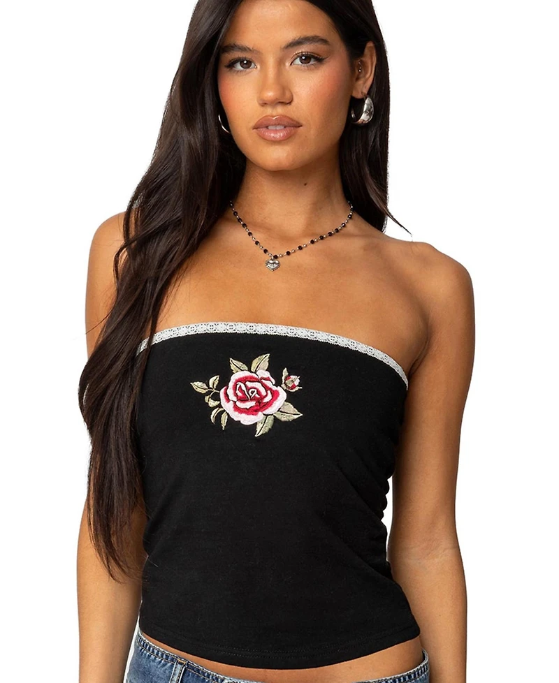 Edikted Women's Enora Embroidered Rose Tube Top