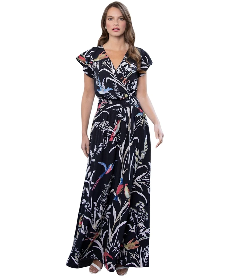 HotSquash London Women's Abstract Print Chiffon Faux Wrap Maxi Dress