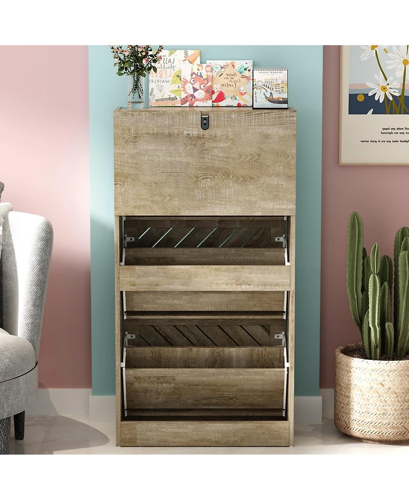 Wooden 3-door natural shoe cabinet, shutter door drawers, multi-purpose shoe rack with adjustable shelves