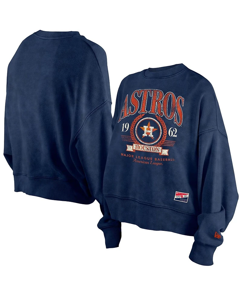 New Era Women's Navy Houston Astros Throwback Boxy Enzyme Wash Fleece Crewneck Pullover Hoodie