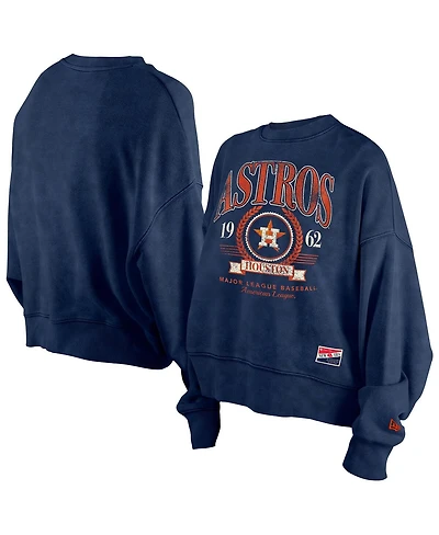 New Era Women's Navy Houston Astros Throwback Boxy Enzyme Wash Fleece Crewneck Pullover Hoodie