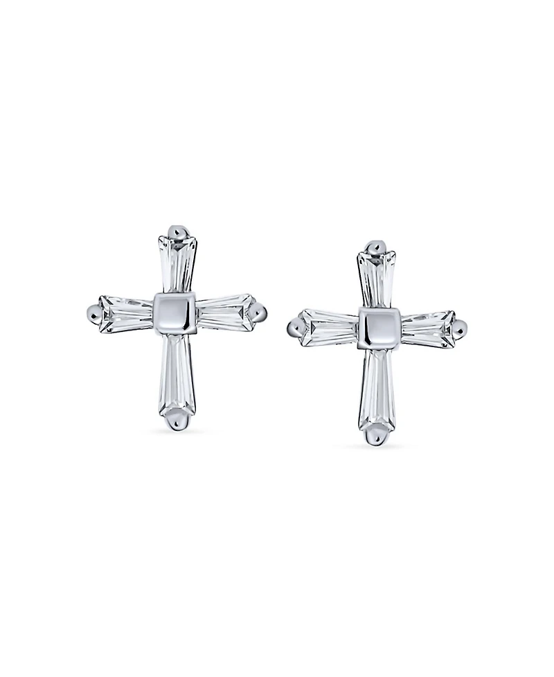 Bling Jewelry Accent Cz Cubic Zirconia Baguette Small Petite Religious Cross Stud Earrings Yellow Gold Plated .925 Sterling Silver