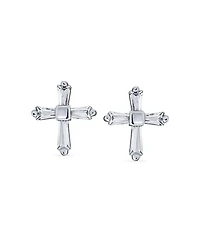 Bling Jewelry Accent Cz Cubic Zirconia Baguette Small Petite Religious Cross Stud Earrings Yellow Gold Plated .925 Sterling Silver