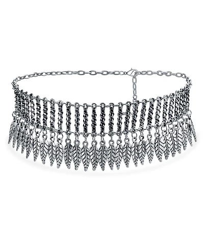 Bling Jewelry Native American Style Bohemian Boho Dangling Feather Wide Choker Necklace Western Jewelry Oxidized Silver Plated