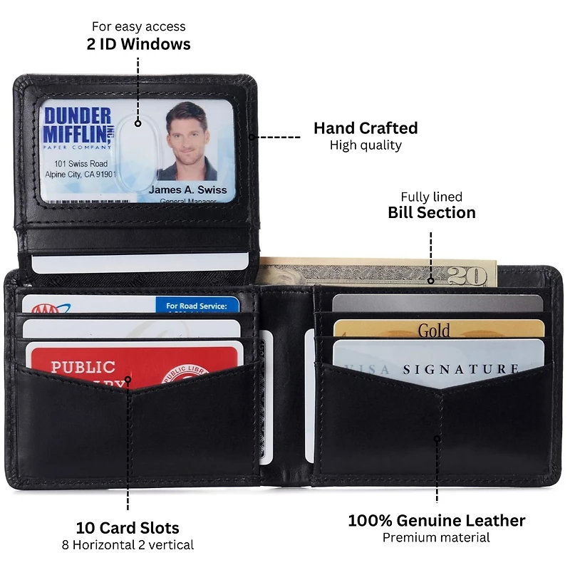 Alpine Swiss Mens Genuine Leather Rfid Safe Bifold Wallet Passcase 2 Id Windows