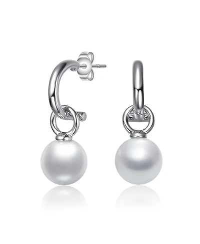 White Gold Plated with Round Pearl Huggie Drop Earrings