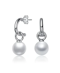 White Gold Plated with Round Pearl Huggie Drop Earrings