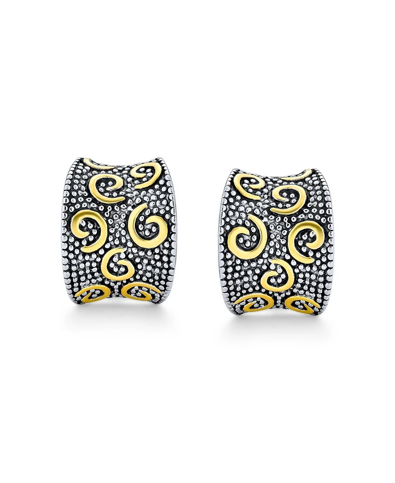 Bling Jewelry Bali Style Swirl Two Tone Wide Concave Half Hoop Clip On Earrings Non Pierced Ears Black Sliver Gold Plated Brass