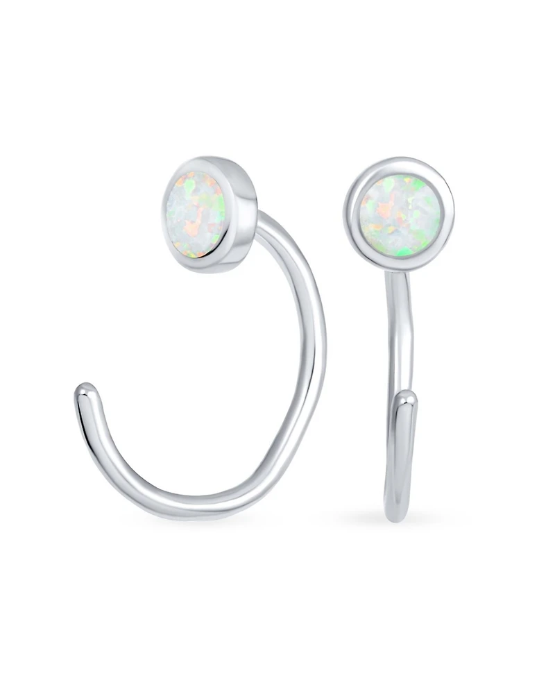 Bling Jewelry Minimalist Round White Created Opal Huggie Geometric Non-Piercing Helix Cartilage Conch Bezel Band Wrap Ear Cuff Earringss .925 Sterling