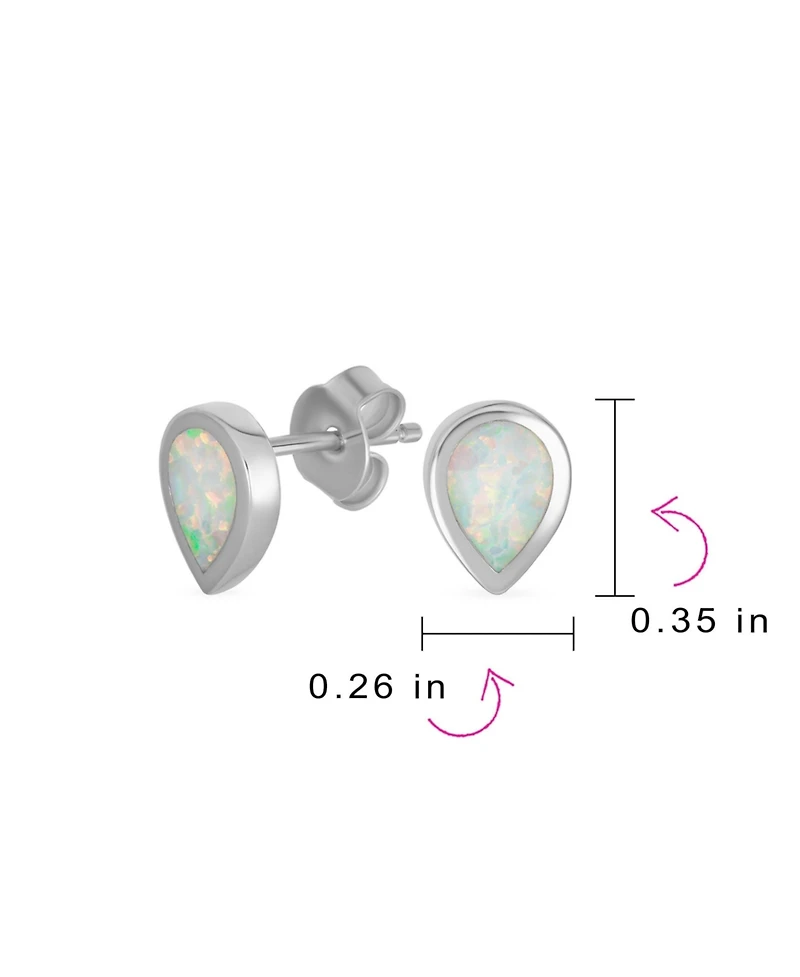 Bling Jewelry Tiny Simple Iridescence Bezel Created White Opal Teardrop Stud Earrings .925 Sterling Silver