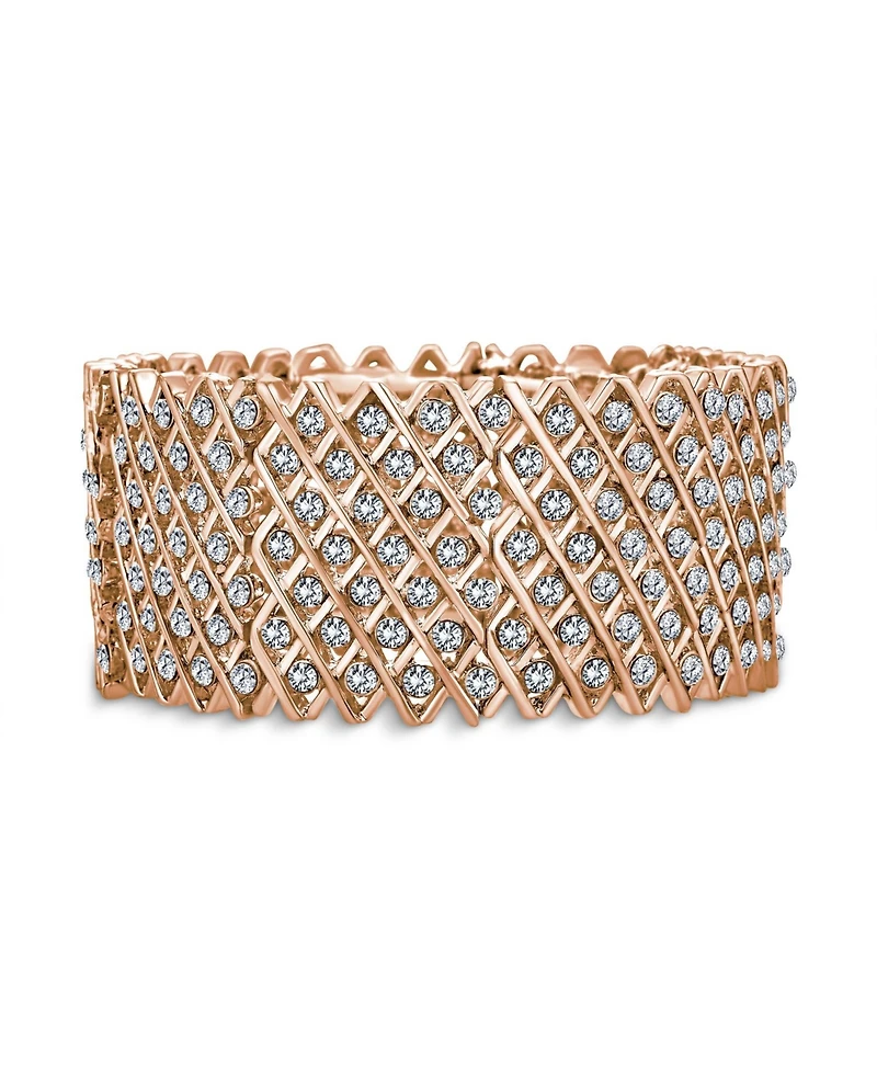 Bling Jewelry Wide Pink Rose Gold Plated White Crystal Encrusted Statement Stretch Bracelet