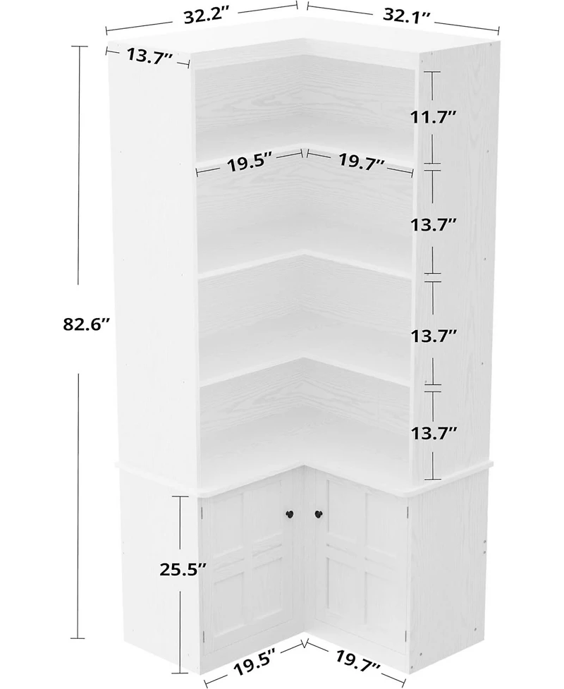 Corner Bookshelf with Doors, 6 Tier Bookcase with Storage