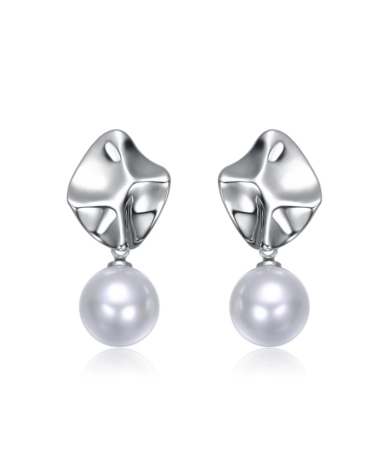 White Gold Plated with Round Pearl Modern Abstract Drop Earrings
