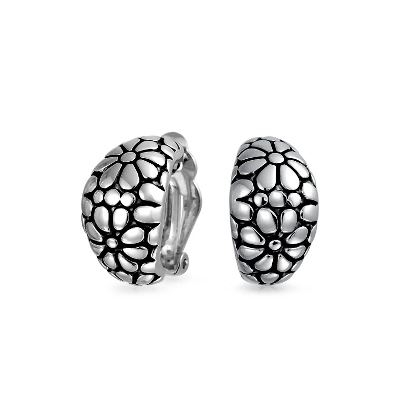 Bling Jewelry Flower Wide Shrimp Half Hoop Clip On Earrings For Non Pierced Ears Oxidized Gold Plated Brass