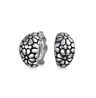 Bling Jewelry Flower Wide Shrimp Half Hoop Clip On Earrings For Non Pierced Ears Oxidized Gold Plated Brass