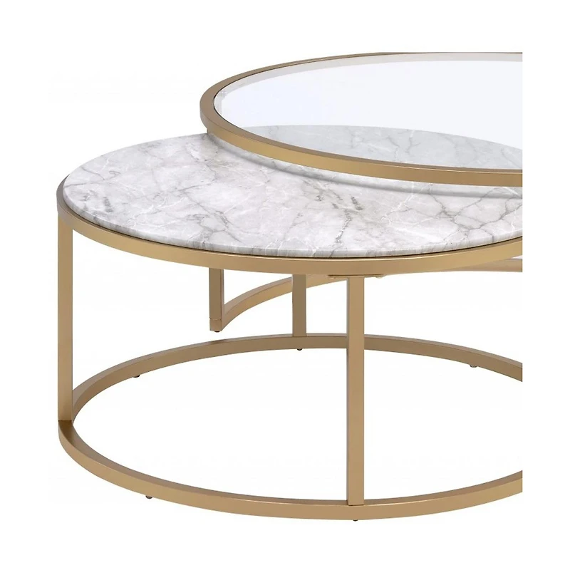 Set of Two 36" Clear White And Gold Glass Faux Marble And Iron Round Nested Coffee Tables