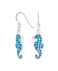 Bling Jewelry Sea Animal Nautical Beach Vacation Inlay Enamel Blue Seahorse Dangling Earrings .925 Sterling Silver Fish Hook
