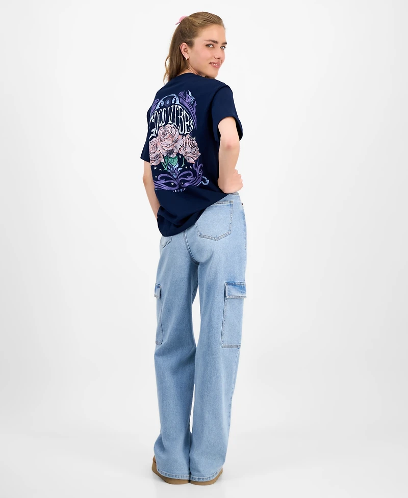 Rebellious One Juniors' Good Vibes Rose Graphic T-Shirt