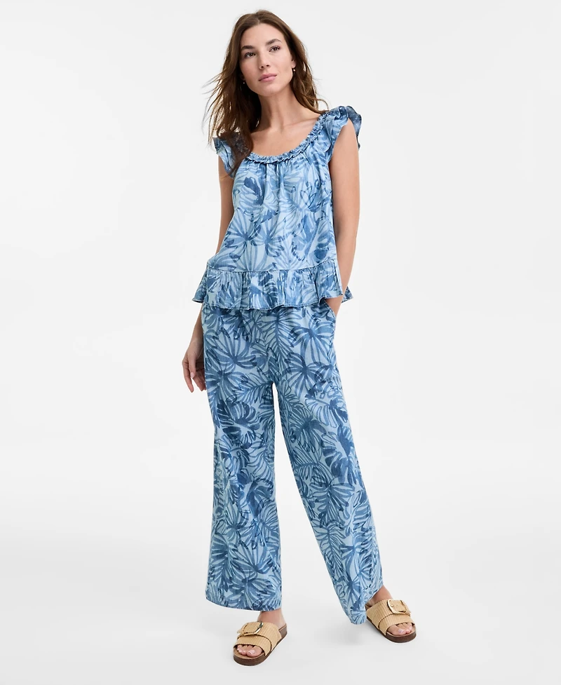 Nautica Jeans Women's Palm-Print Sleeveless Shoulder-Ruffle Top