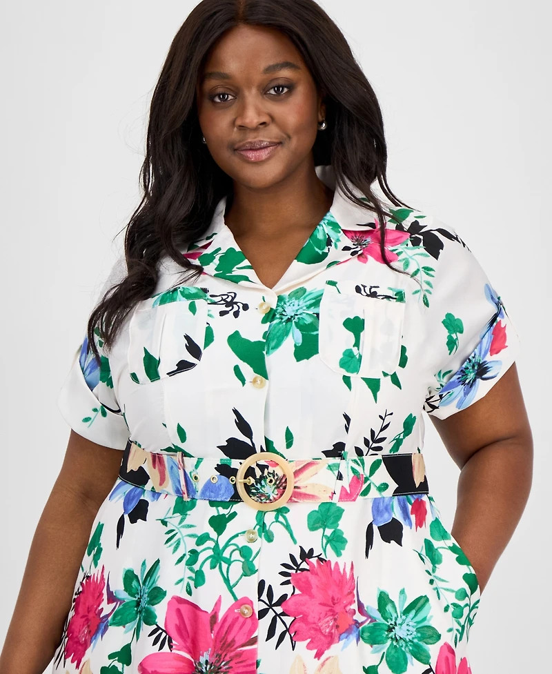 Tahari Asl Plus Printed Belted Midi Shirtdress