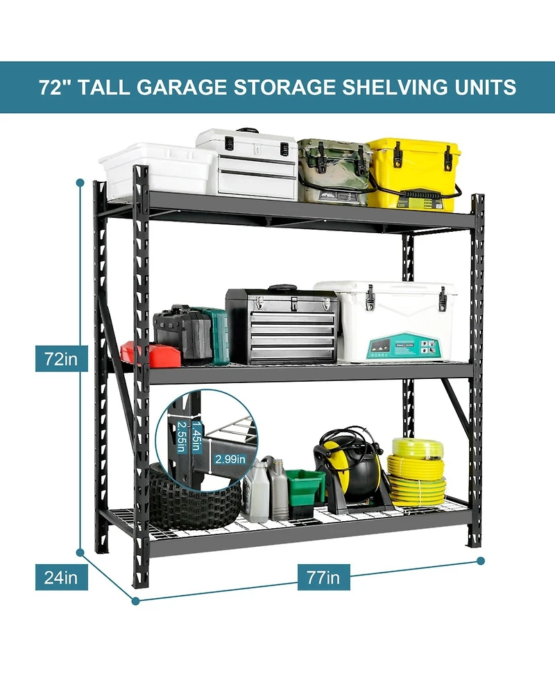 Garage Shelving Heavy Duty 72"H77"W Garage Storage Shelves 6000LBS Heavy Duty Shelving Adjustable 3 Tier Metal Shelving