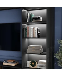 The Tv stand with nine cabinets for up to 75-inch TVs, an entertainment center with two light strips, and a black wooden media console